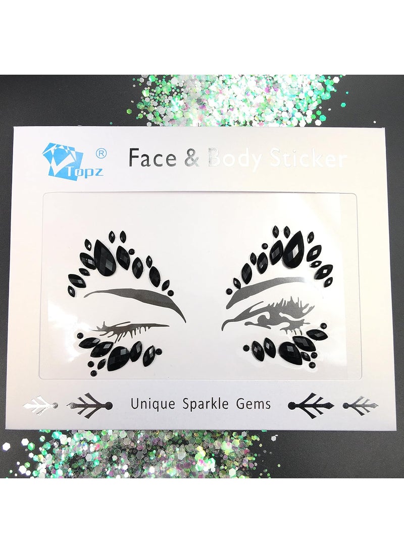 Black Face Jewels halloween face tattoo sticker self Adhesive Crystal Face Gems stick on Festival halloween makeup tattoos party decorations Body Glitter mermaid Eyebrow body jewels(Black)