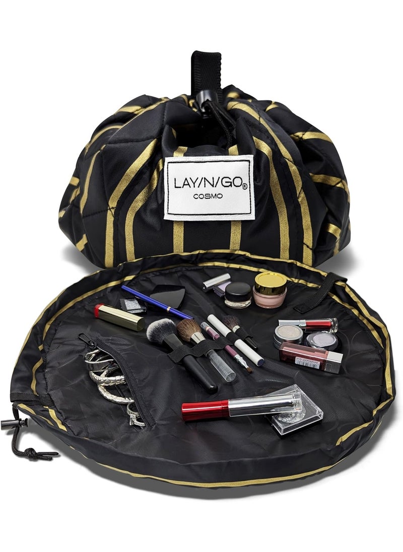 Lay-n-Go Cosmo Drawstring Cosmetic & Makeup Bag Organizer - Portable Drawstring Makeup Bag w/Zipper Pocket, Loops - Durable, Machine Washable for Travel (20', Black & Gold)