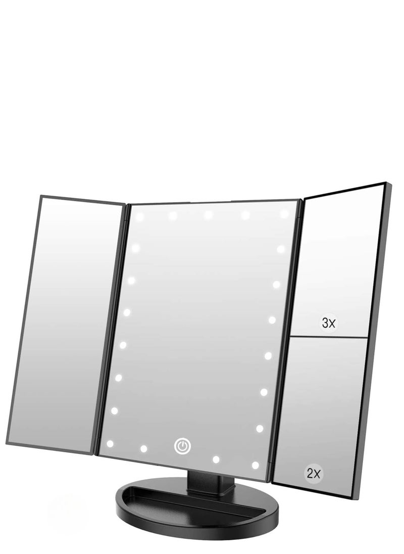 21 LED Tri-Fold Makeup Mirror with Touch Control – Adjustable Brightness, 1X/2X/3X Magnification, Dual Power Supply (Battery & USB), Portable Vanity Mirror – Ideal Gift for Women & Professionals