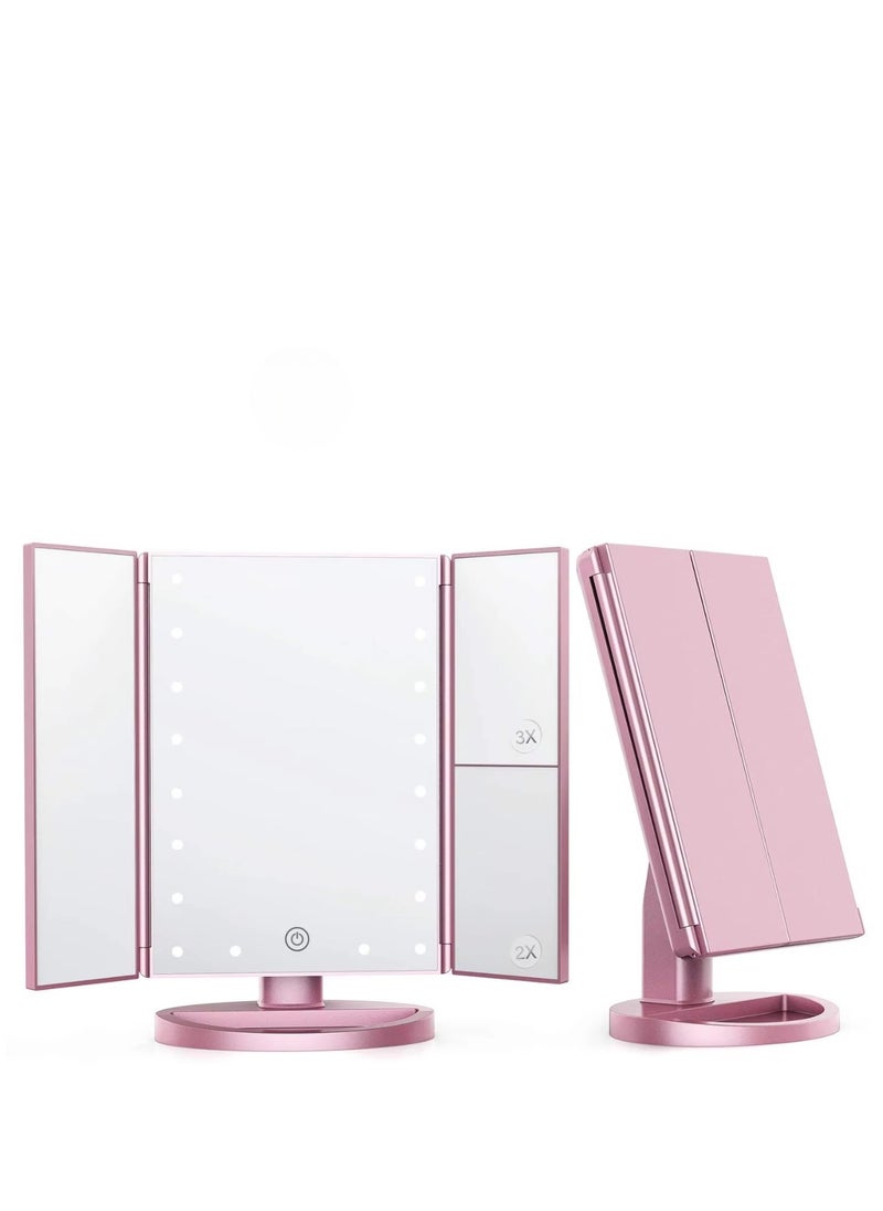 Rose Gold Makeup Mirror with 21 LED Lights – 1X/2X/3X Magnification, Touch Control, Dual Power (Battery/USB), Adjustable Brightness – Portable Vanity Mirror for Makeup, Skincare & Travel