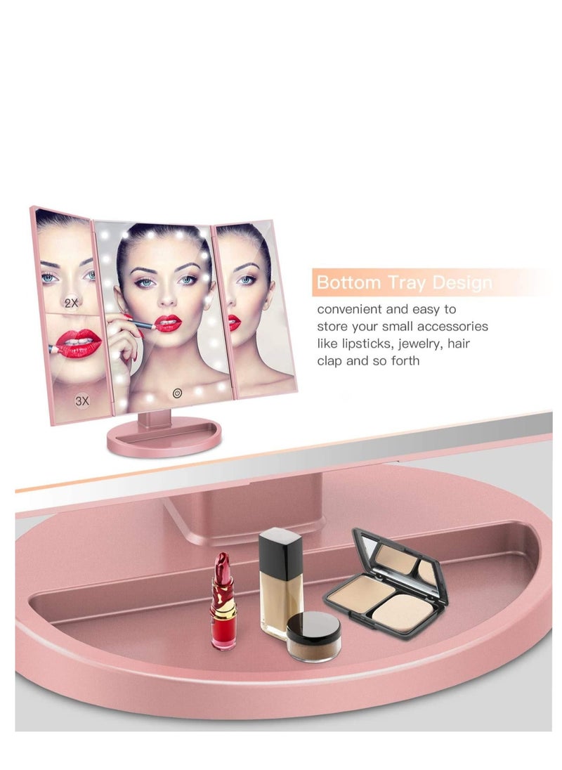 Rose Gold Makeup Mirror with 21 LED Lights – 1X/2X/3X Magnification, Touch Control, Dual Power (Battery/USB), Adjustable Brightness – Portable Vanity Mirror for Makeup, Skincare & Travel