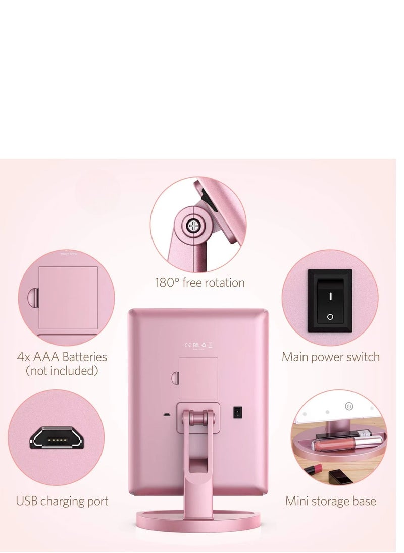 Rose Gold Makeup Mirror with 21 LED Lights – 1X/2X/3X Magnification, Touch Control, Dual Power (Battery/USB), Adjustable Brightness – Portable Vanity Mirror for Makeup, Skincare & Travel