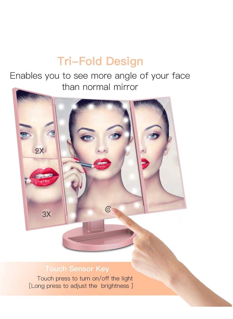Rose Gold Makeup Mirror with 21 LED Lights – 1X/2X/3X Magnification, Touch Control, Dual Power (Battery/USB), Adjustable Brightness – Portable Vanity Mirror for Makeup, Skincare & Travel