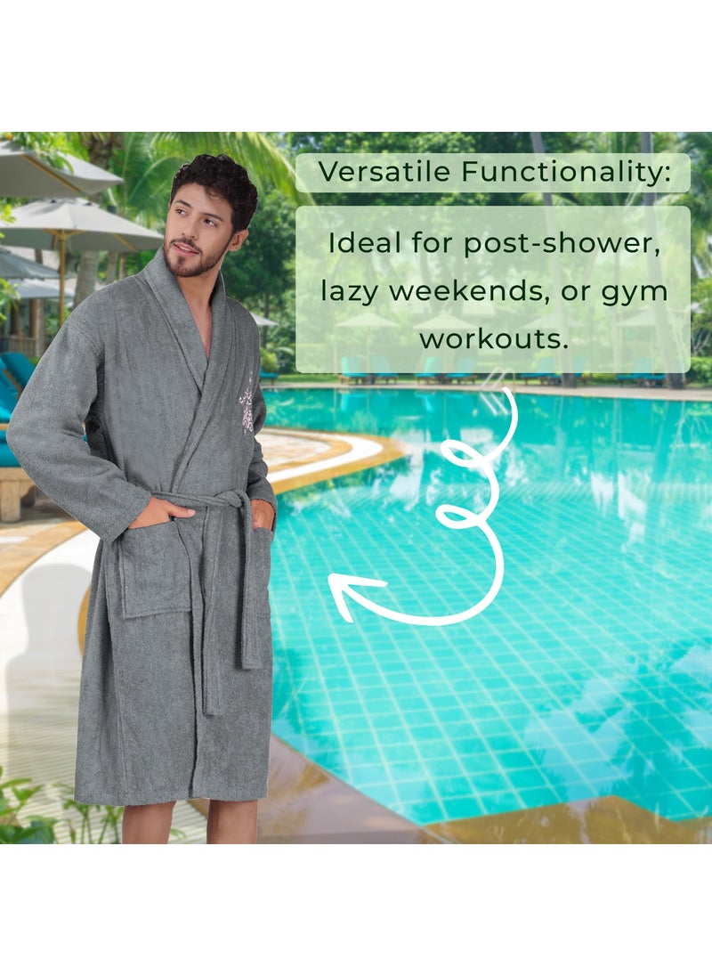 Rangoli Royal Bamboo Premium Bathrobe For Men Ultra Soft Bamboo Yarn Lightweight Bathing Robes 460 GSM Highly Absorbent Quick Drying Luxurious Bath Gown Knee Length Bath Robe Dark Grey