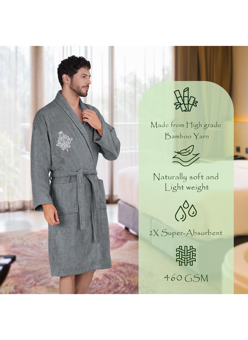Rangoli Royal Bamboo Premium Bathrobe For Men Ultra Soft Bamboo Yarn Lightweight Bathing Robes 460 GSM Highly Absorbent Quick Drying Luxurious Bath Gown Knee Length Bath Robe Dark Grey