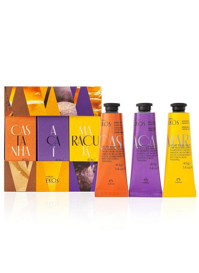 natura - Ekos Tropical Hand Cream Trio Variety Pack, 3 Creams - (1) Maracujá, (1) Castanha, & (1) Açaí Hand Cream - Vegan Skin Care - Brazilian Beauty Secrets - Self Care & Body Care - 1.41oz (40g)
