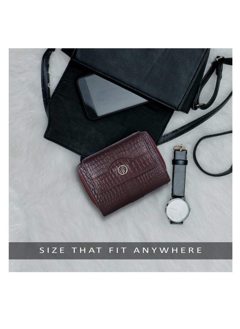 Wallet for Women -  Leather Ladies Wallet - Croc Brown - 14 Card Slots - RFID Protection - 3 ID Card Slots - Women's Wallet - Button Closure -Daily Use, Women Money Purse | ZV1V