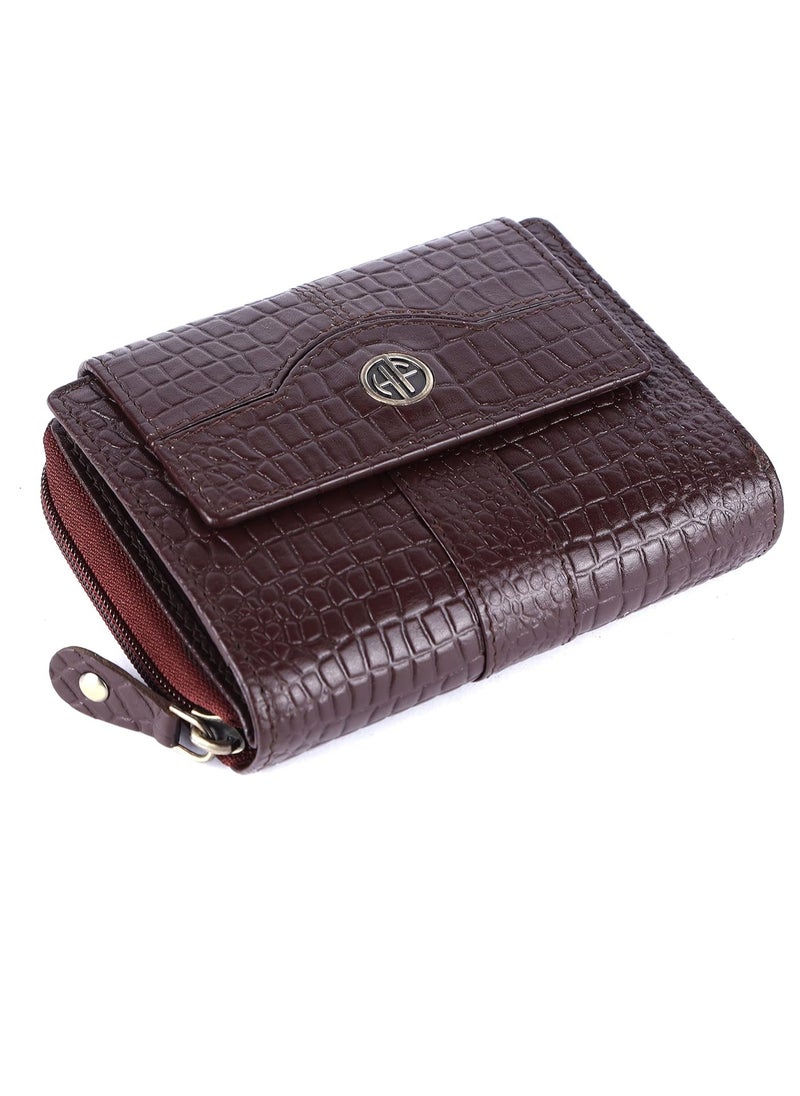 Wallet for Women -  Leather Ladies Wallet - Croc Brown - 14 Card Slots - RFID Protection - 3 ID Card Slots - Women's Wallet - Button Closure -Daily Use, Women Money Purse | ZV1V