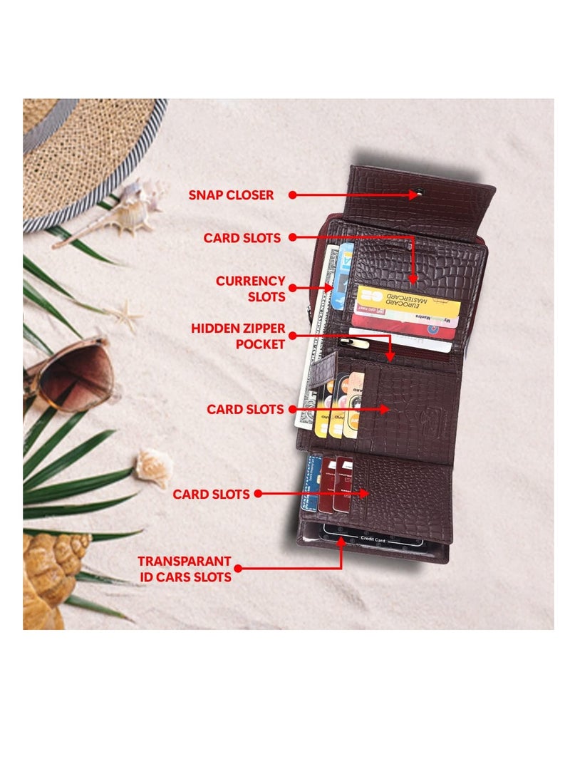 Wallet for Women -  Leather Ladies Wallet - Croc Brown - 14 Card Slots - RFID Protection - 3 ID Card Slots - Women's Wallet - Button Closure -Daily Use, Women Money Purse | ZV1V
