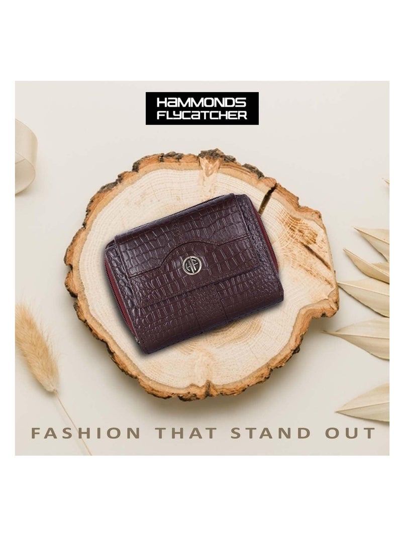 Wallet for Women -  Leather Ladies Wallet - Croc Brown - 14 Card Slots - RFID Protection - 3 ID Card Slots - Women's Wallet - Button Closure -Daily Use, Women Money Purse | ZV1V