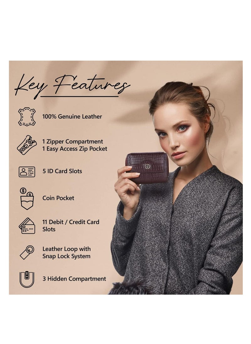 Wallet for Women -  Leather Ladies Wallet - Croc Brown - 14 Card Slots - RFID Protection - 3 ID Card Slots - Women's Wallet - Button Closure -Daily Use, Women Money Purse | ZV1V