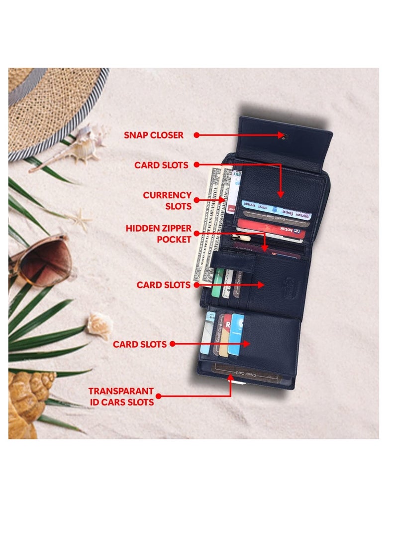 Wallet for Women - Leather Ladies Wallet - Blue - 14 Card Slots - RFID Protection - 3 ID Card Slots - Women's Wallet - Button Closure -Hand Wallet - Daily Use, Money Purse | FQQK