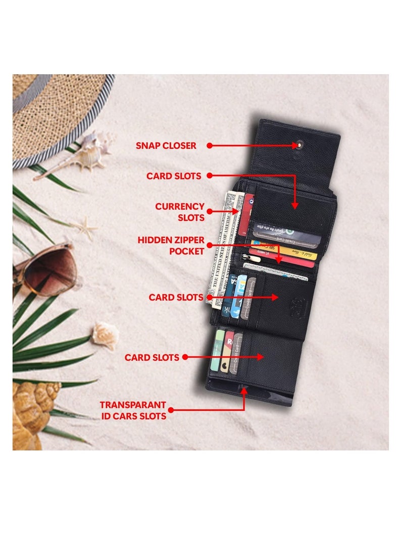 wallet for women - Leather Ladies Wallet - Black - 14 Card Slots - RFID Protection - 3 ID Card Slots - Women's Wallet - Button Closure -Hand Wallet - Daily Use, Money Purse | L4XD