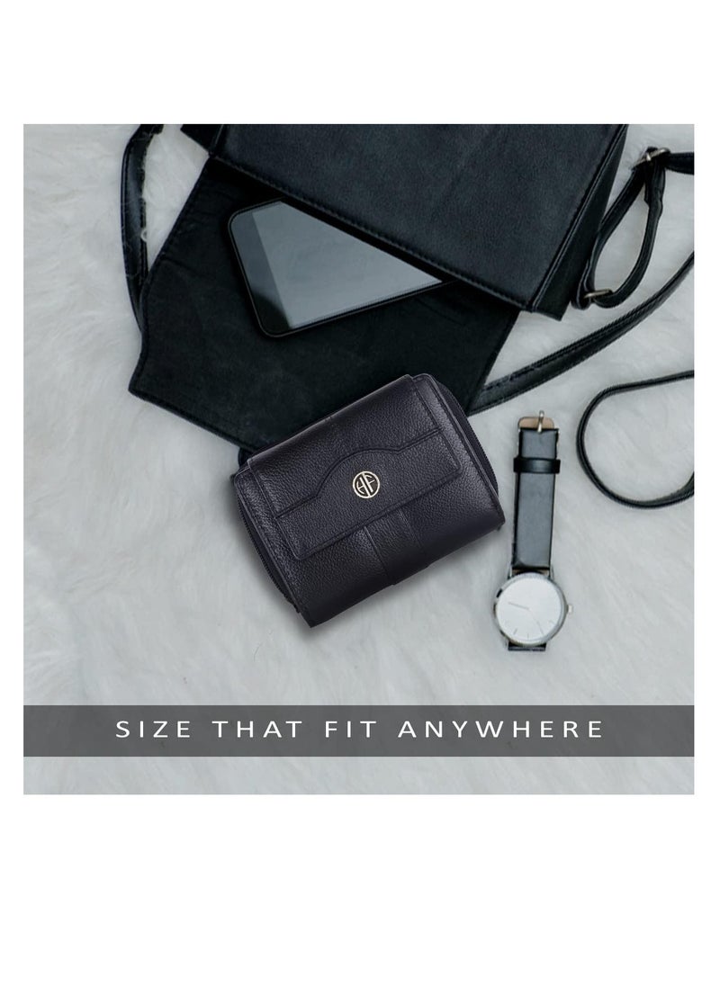 wallet for women - Leather Ladies Wallet - Black - 14 Card Slots - RFID Protection - 3 ID Card Slots - Women's Wallet - Button Closure -Hand Wallet - Daily Use, Money Purse | L4XD