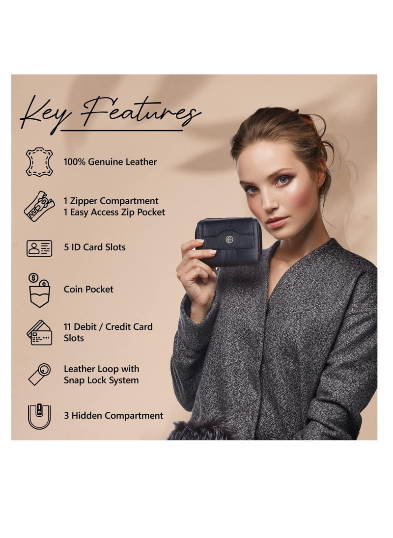 wallet for women - Leather Ladies Wallet - Black - 14 Card Slots - RFID Protection - 3 ID Card Slots - Women's Wallet - Button Closure -Hand Wallet - Daily Use, Money Purse | L4XD