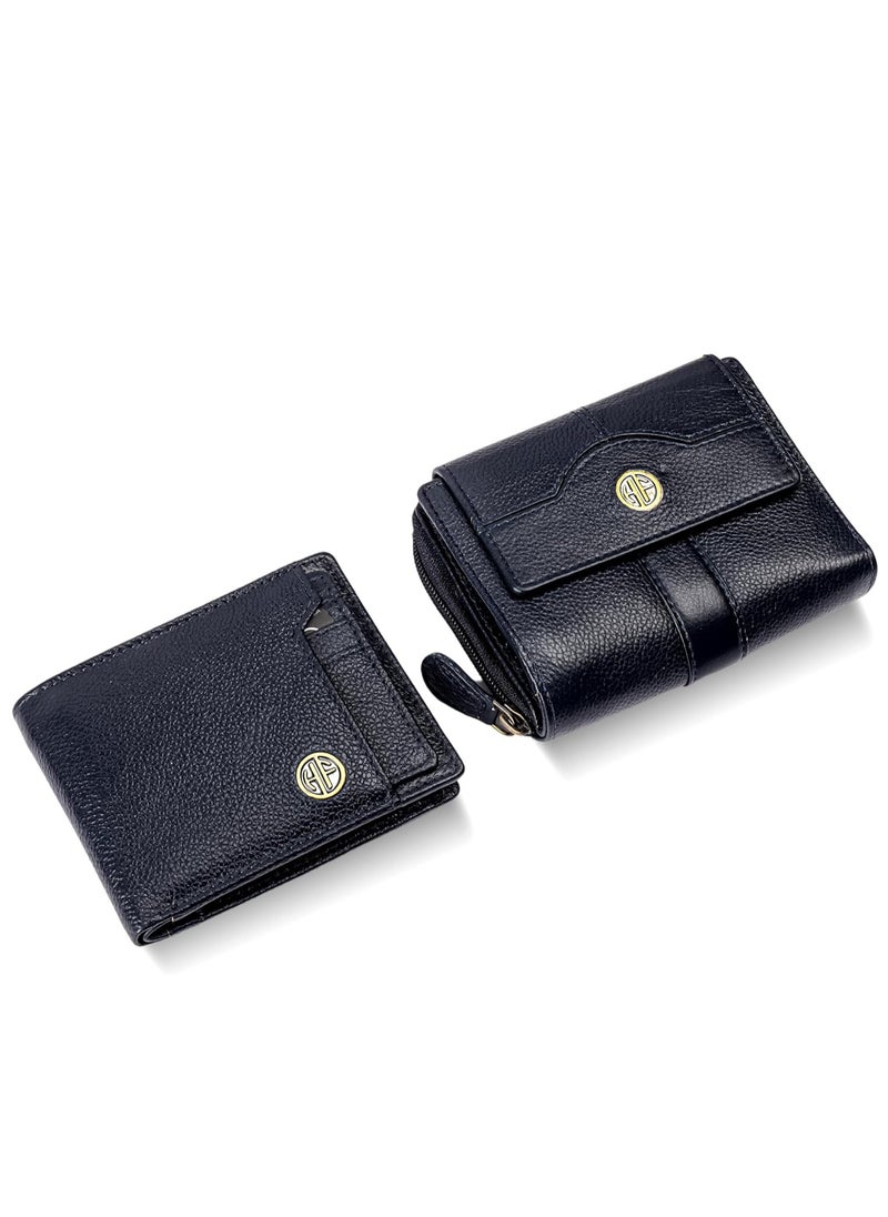 Leather Wallet Combo Gift Set - Men's and Women's Black Wallets with Multiple Card Slots - Perfect for Ramadan, Eid Anniversary, Marriage Gifts and Special Occasions - Blue | DW3S
