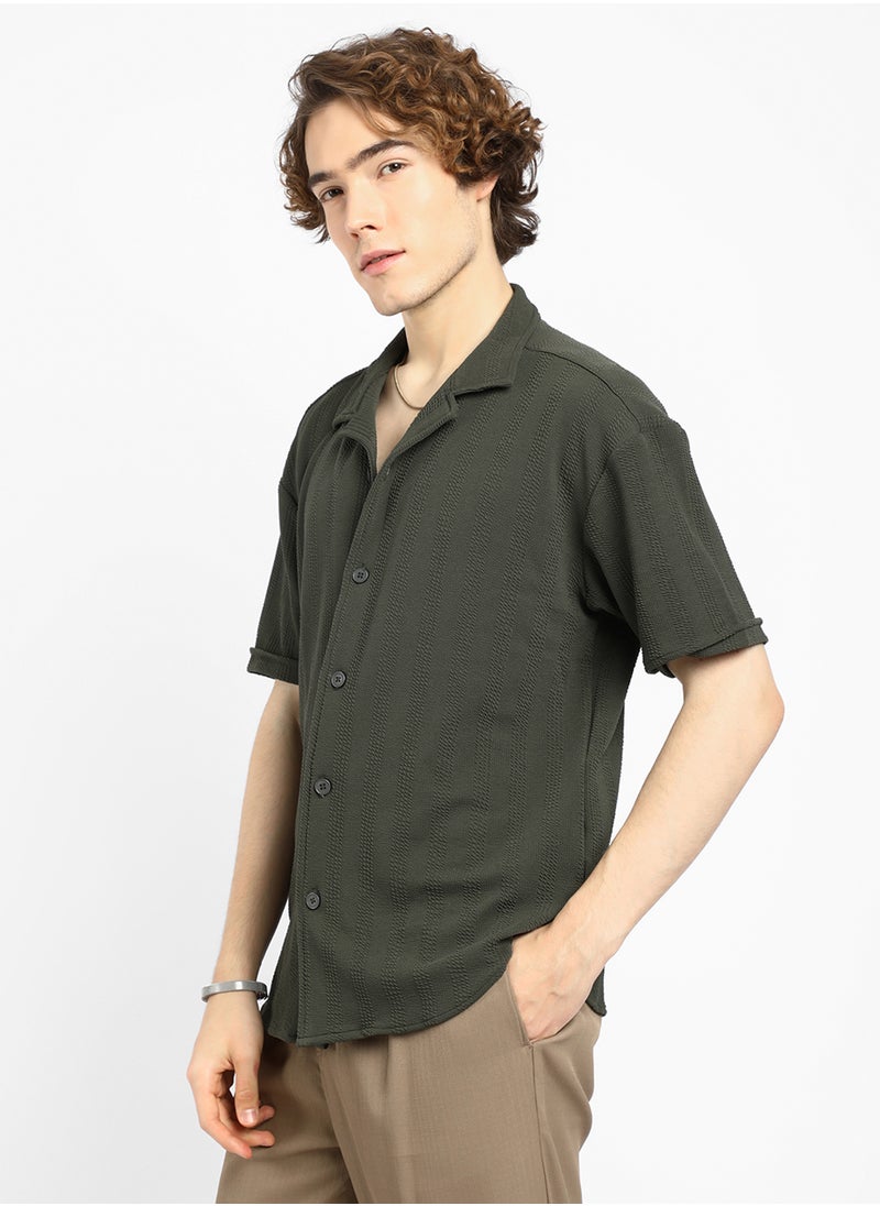 Men's Army Green Rope-Textured Oversized Shirt