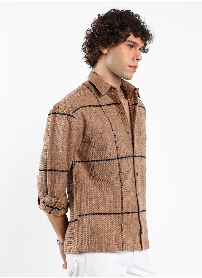 Men's Ash Brown Graph-Check Waffle Overshirt