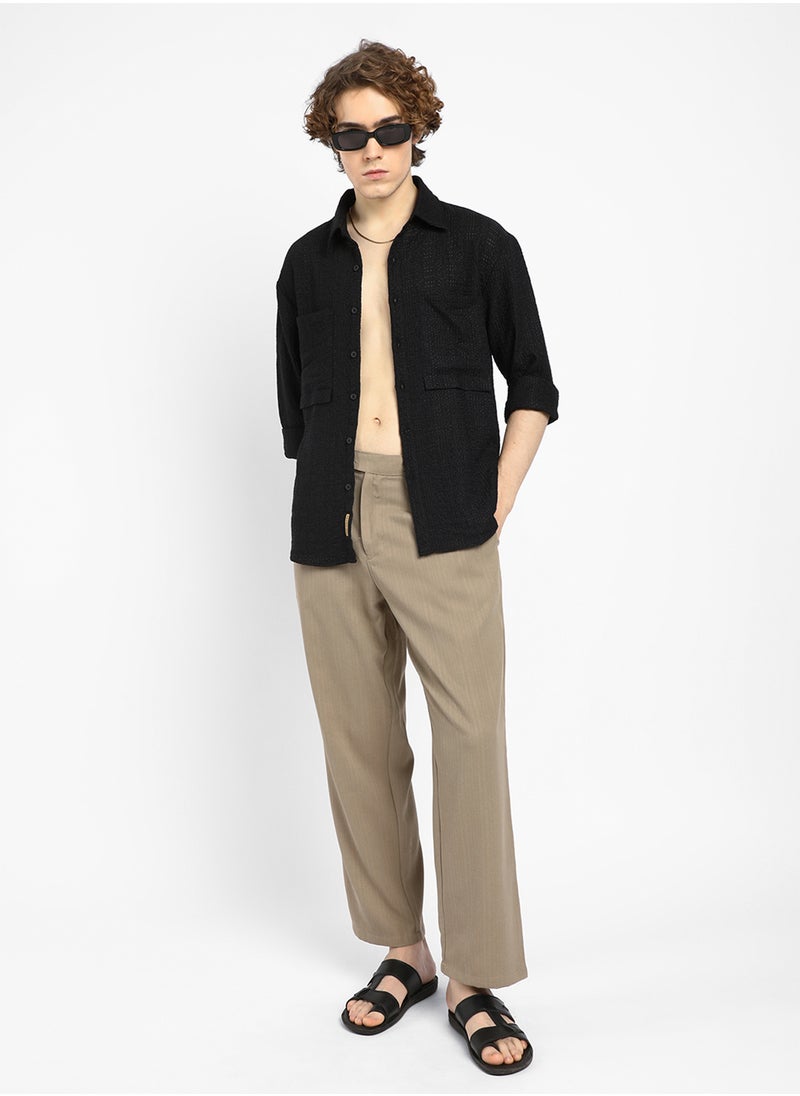 Men's Midnight Black Straw-Tactile Utility Oversized Shirt