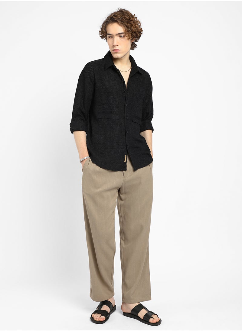 Men's Midnight Black Straw-Tactile Utility Oversized Shirt