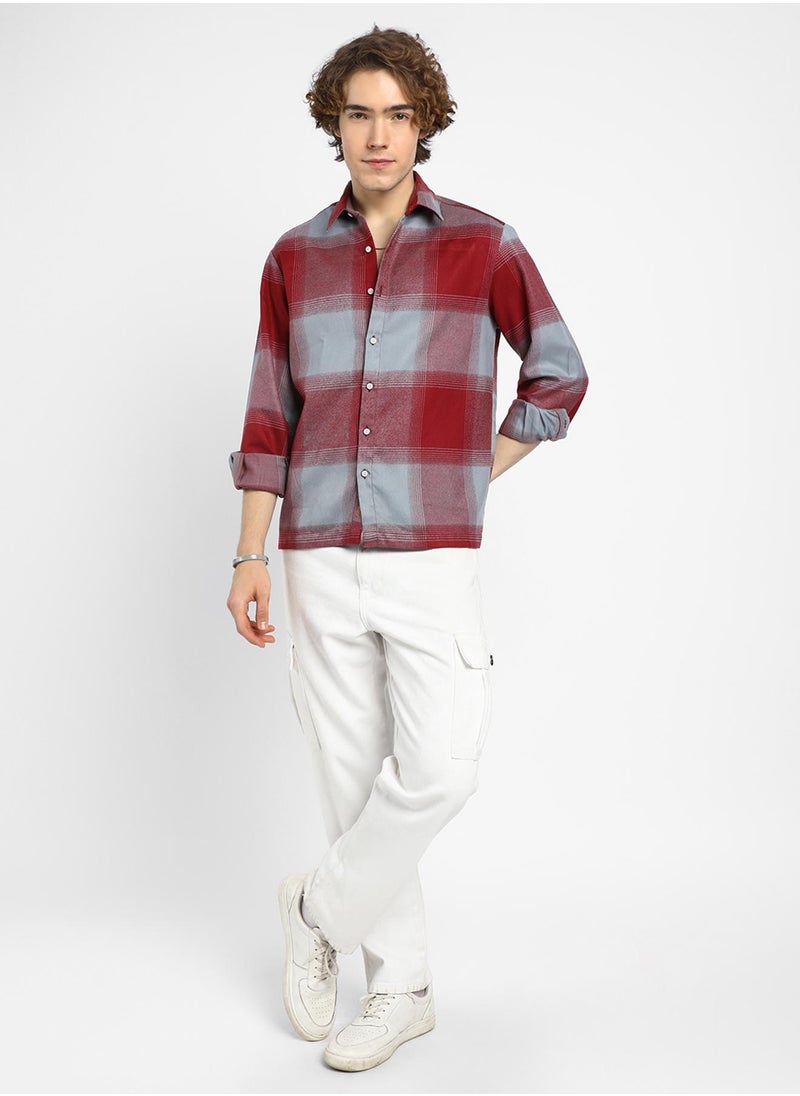 Men's Venetian Red & Coin Grey Vignette-Checkered Oversized Shirt