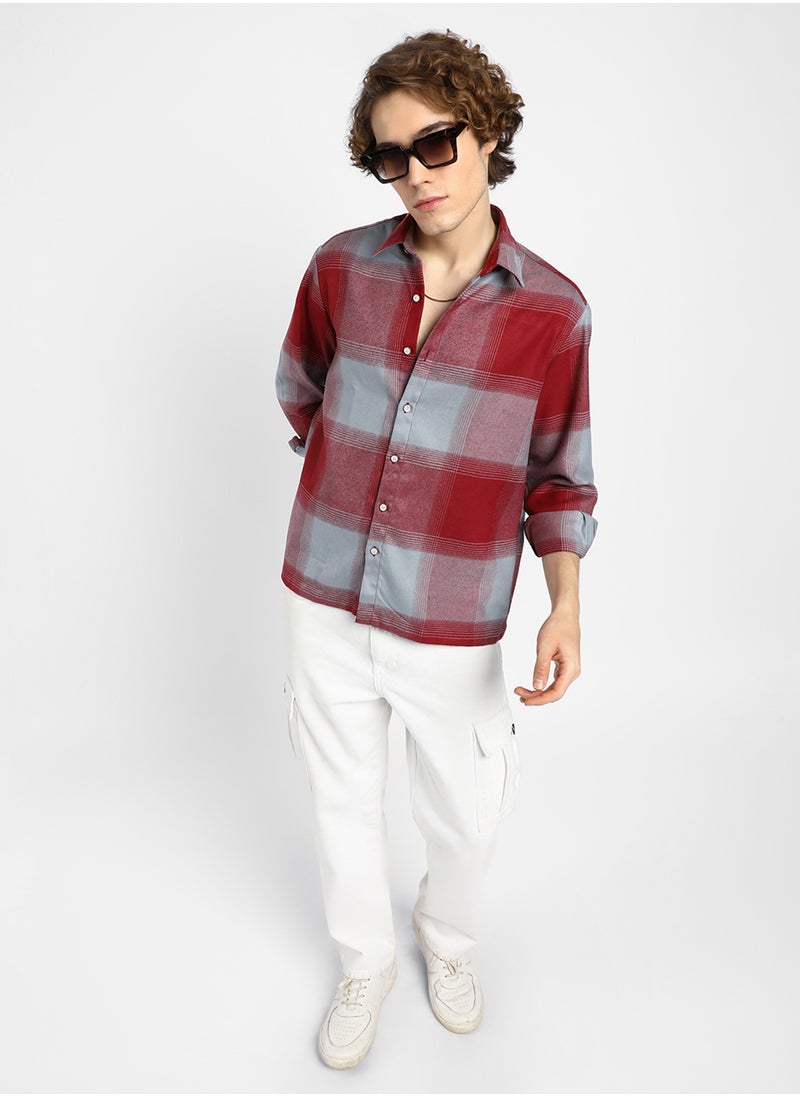 Men's Venetian Red & Coin Grey Vignette-Checkered Oversized Shirt