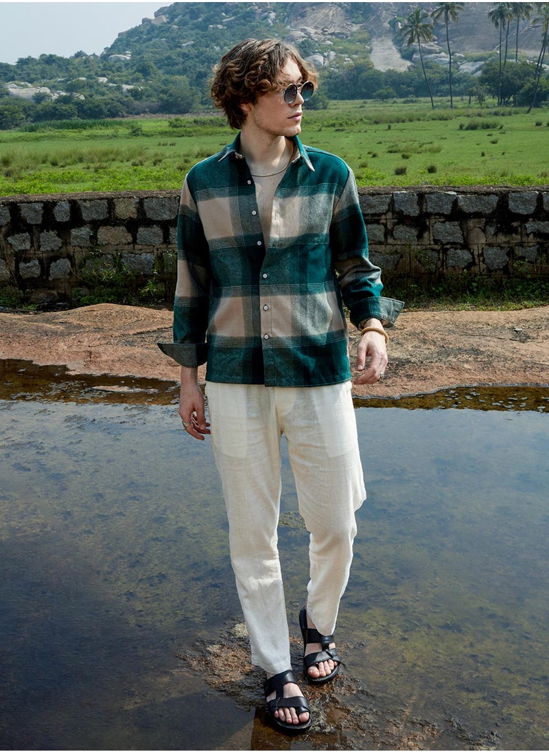 Campus Sutra Men's Emerald Green & Buff Beige Vignette-Checkered Oversized Shirt For Casual Wear | Spread Collar | Long Sleeve | Button Closure | Oversized Shirt Crafted With Comfort Fit For Everyday Wear