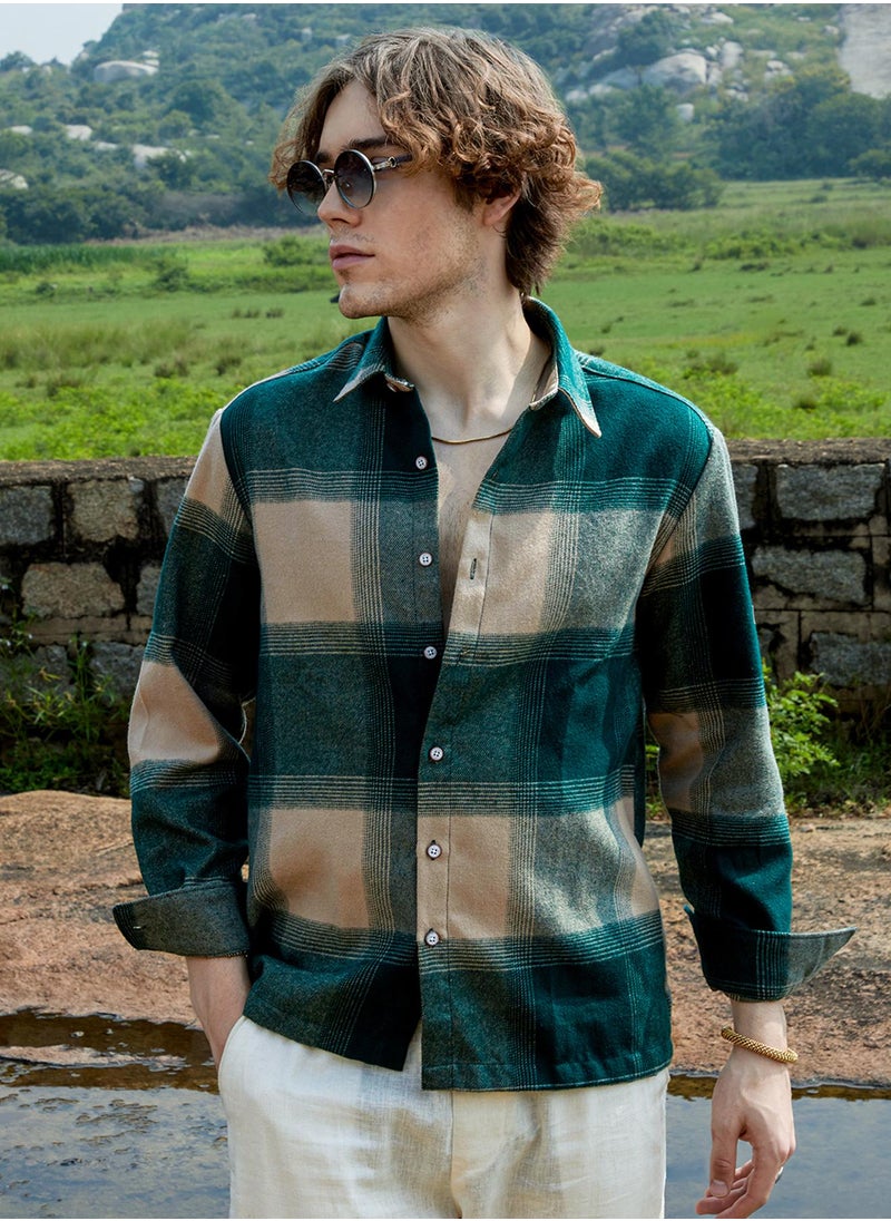 Campus Sutra Men's Emerald Green & Buff Beige Vignette-Checkered Oversized Shirt For Casual Wear | Spread Collar | Long Sleeve | Button Closure | Oversized Shirt Crafted With Comfort Fit For Everyday Wear