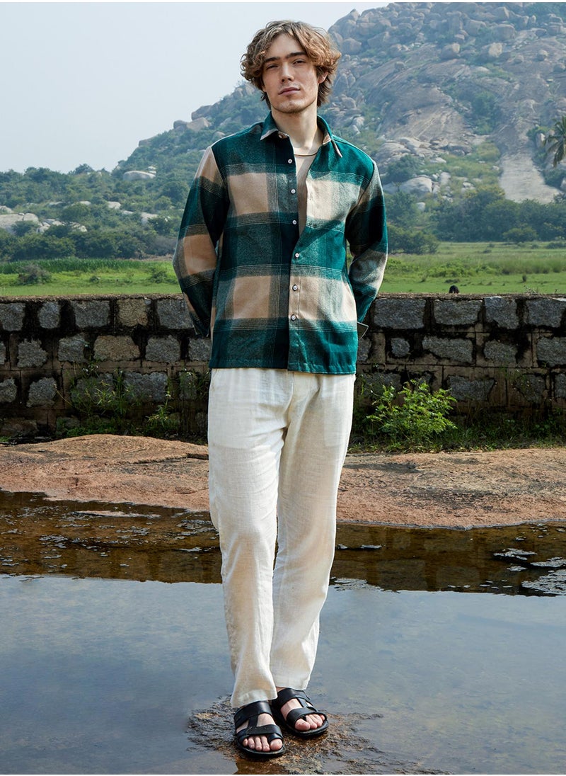 Campus Sutra Men's Emerald Green & Buff Beige Vignette-Checkered Oversized Shirt For Casual Wear | Spread Collar | Long Sleeve | Button Closure | Oversized Shirt Crafted With Comfort Fit For Everyday Wear