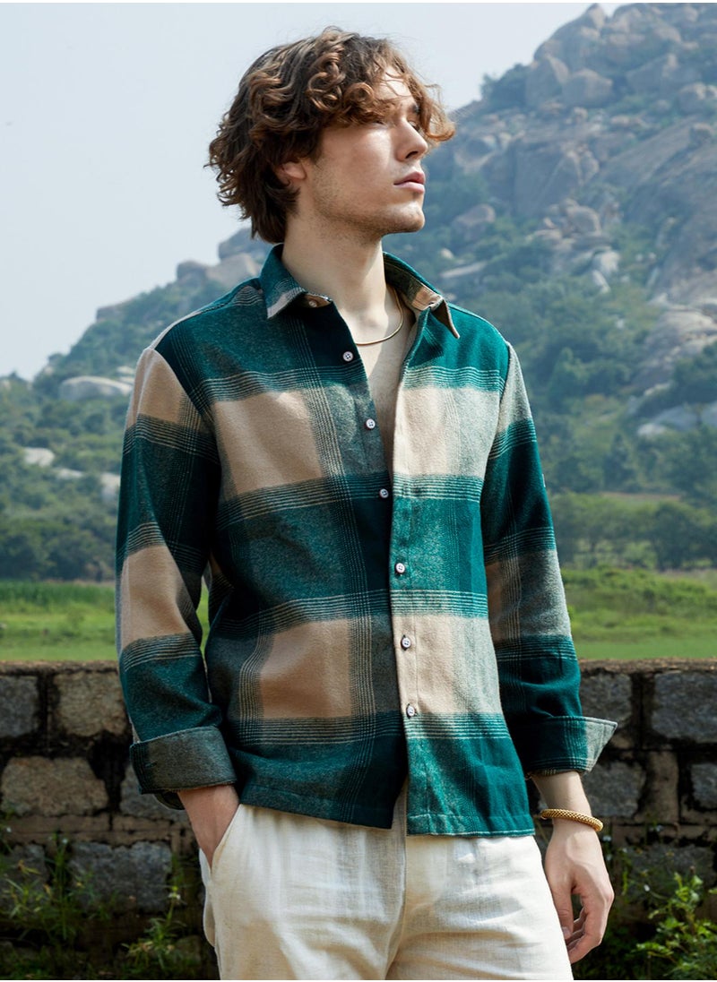 Campus Sutra Men's Emerald Green & Buff Beige Vignette-Checkered Oversized Shirt For Casual Wear | Spread Collar | Long Sleeve | Button Closure | Oversized Shirt Crafted With Comfort Fit For Everyday Wear