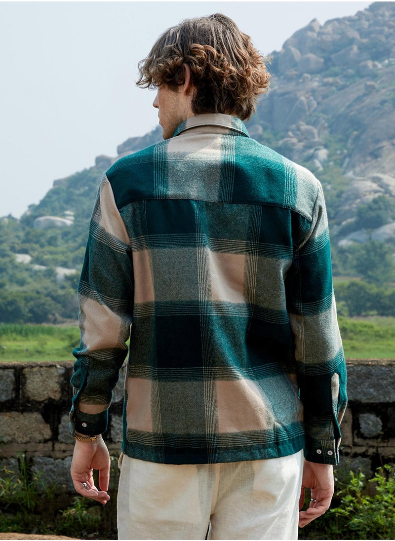 Campus Sutra Men's Emerald Green & Buff Beige Vignette-Checkered Oversized Shirt For Casual Wear | Spread Collar | Long Sleeve | Button Closure | Oversized Shirt Crafted With Comfort Fit For Everyday Wear