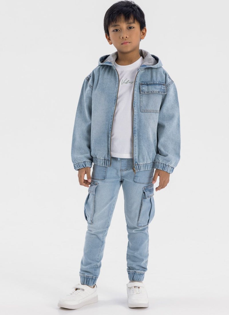 Kids Boys Light Wash Denim Hooded Jacket