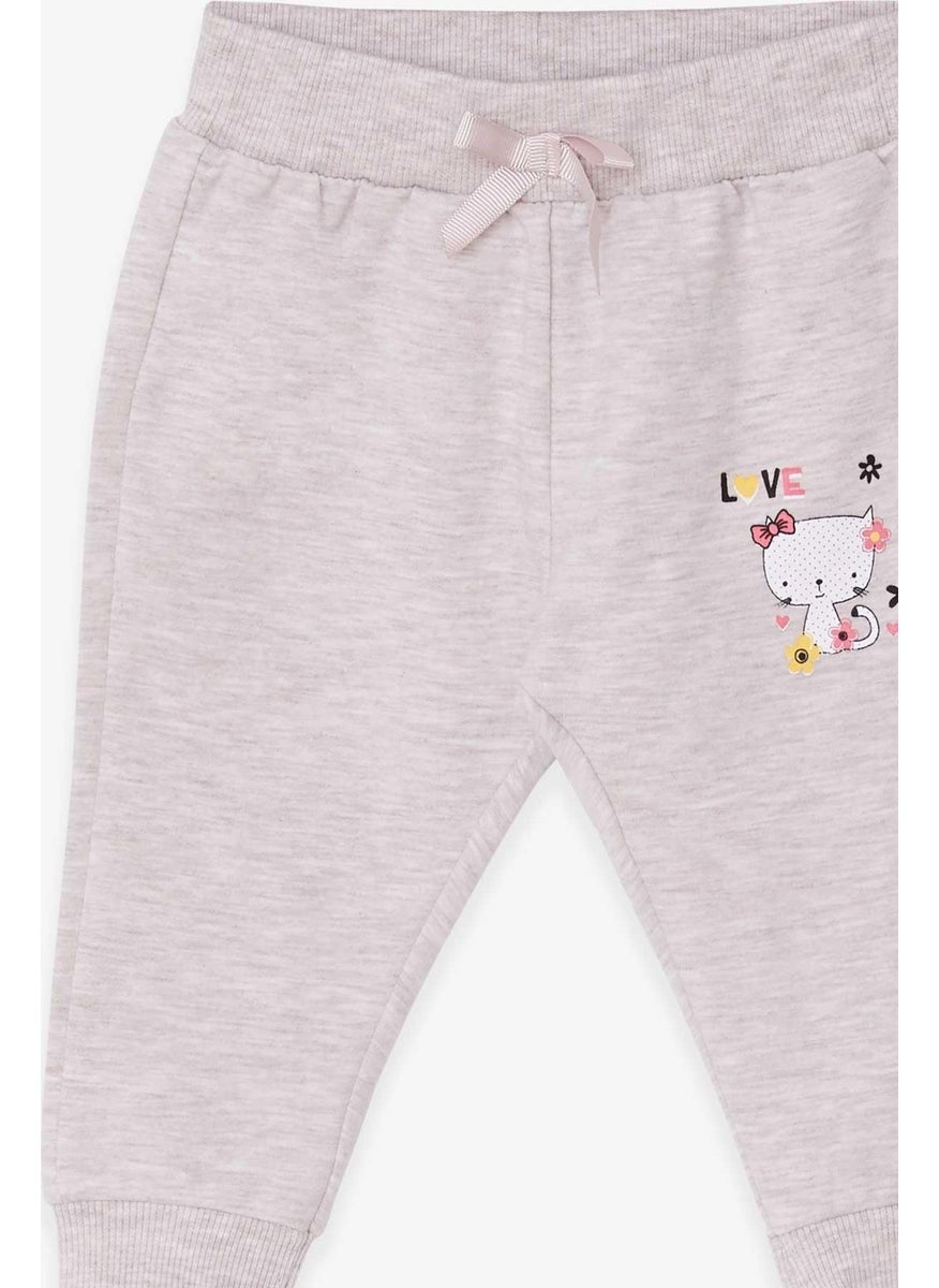 Baby Girl Sweatpants Cat Printed 6 Months-2 Years, Beige Melange