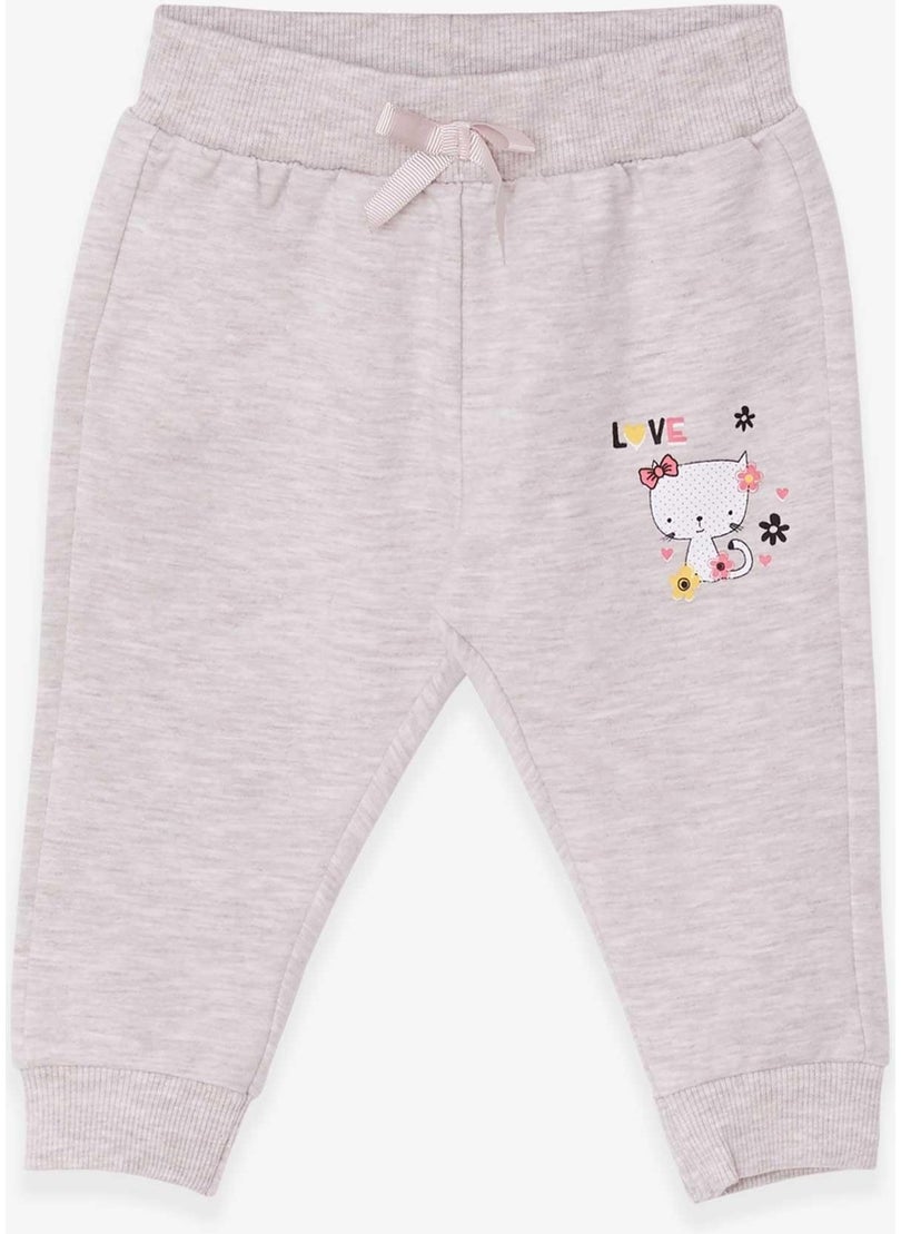 Baby Girl Sweatpants Cat Printed 6 Months-2 Years, Beige Melange