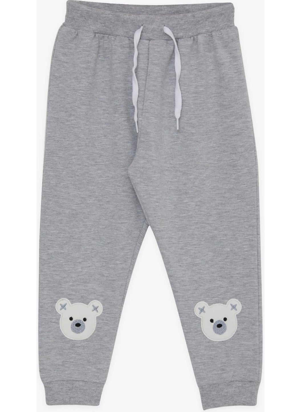 Girls' Sweatpants with Cute Teddy Bear Embroidery, Age 1-4, Light Gray Melange