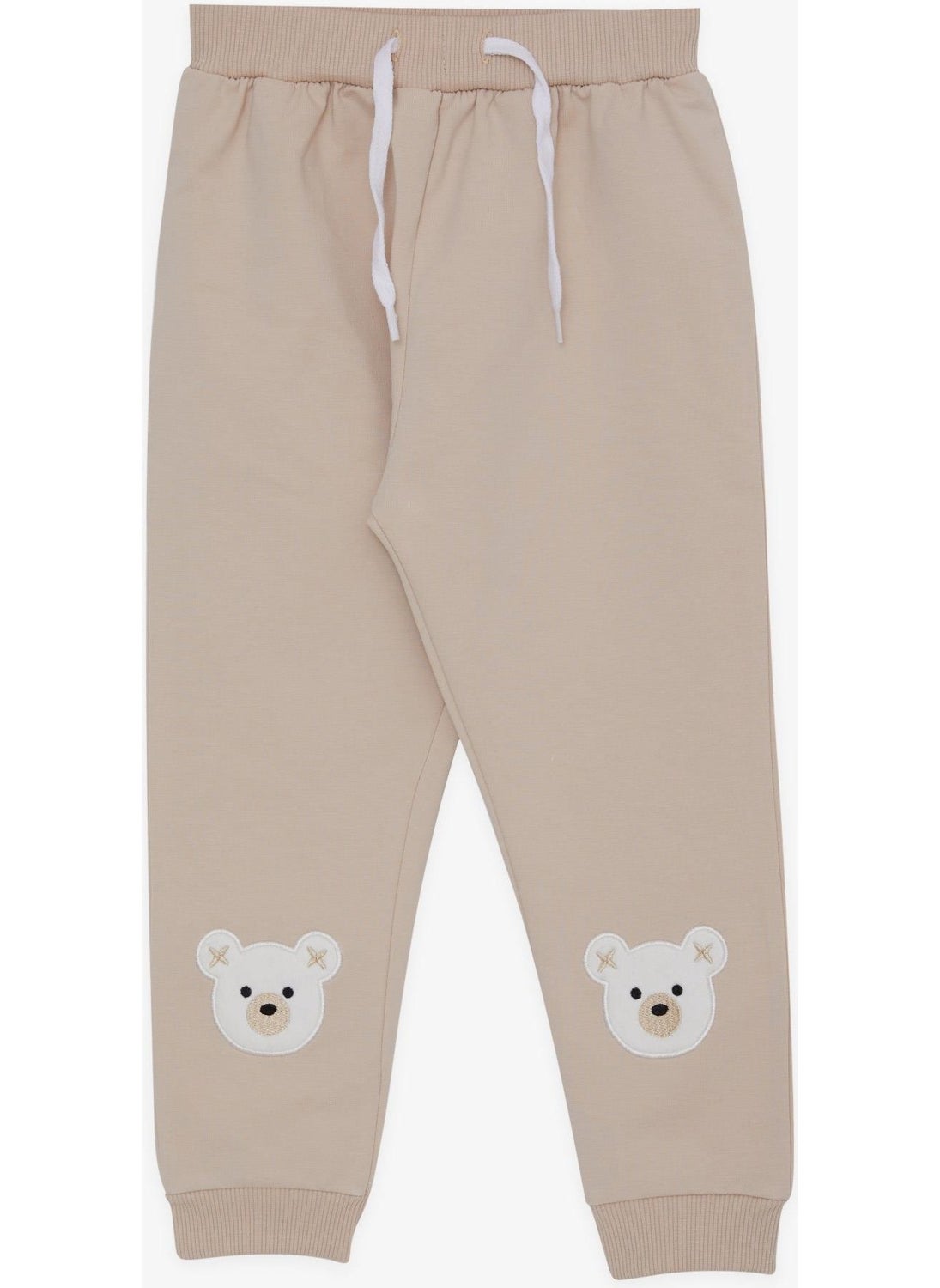 Girls' Sweatpants with Cute Teddy Bear Embroidery, Age 1-4, Beige
