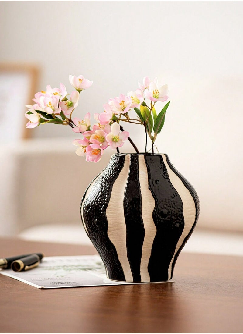 2pc Vertical Striped Ceramic Vase, Black And White, Minimalist Modern Style, Suitable For Weddings, Parties, Home, Desk, Office, Hotel, Living Room, Festival Decor Rama Decoration Rama