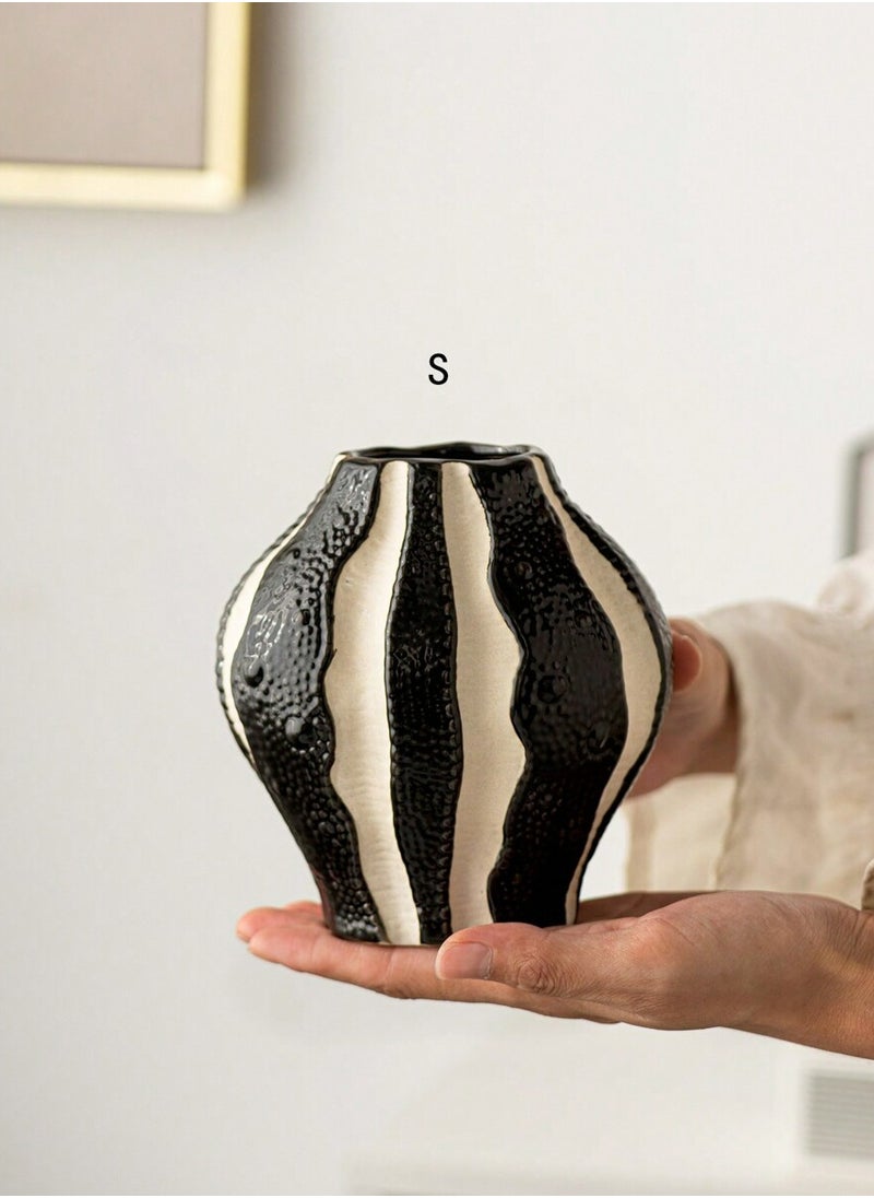 2pc Vertical Striped Ceramic Vase, Black And White, Minimalist Modern Style, Suitable For Weddings, Parties, Home, Desk, Office, Hotel, Living Room, Festival Decor Rama Decoration Rama