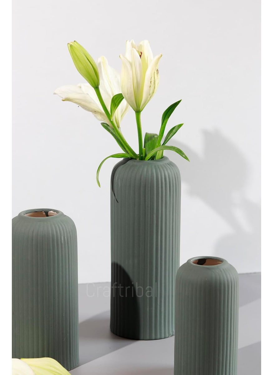 Craftribals Modern Ceramic Flower Vase for Living Room Set of 3 Flower Pots for Home Decoration Vertical Striped Line Vase Olive Green