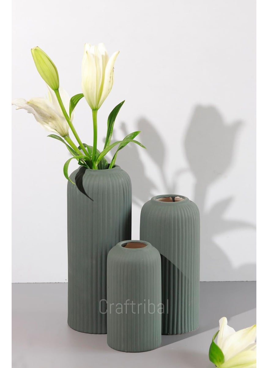 Craftribals Modern Ceramic Flower Vase for Living Room Set of 3 Flower Pots for Home Decoration Vertical Striped Line Vase Olive Green