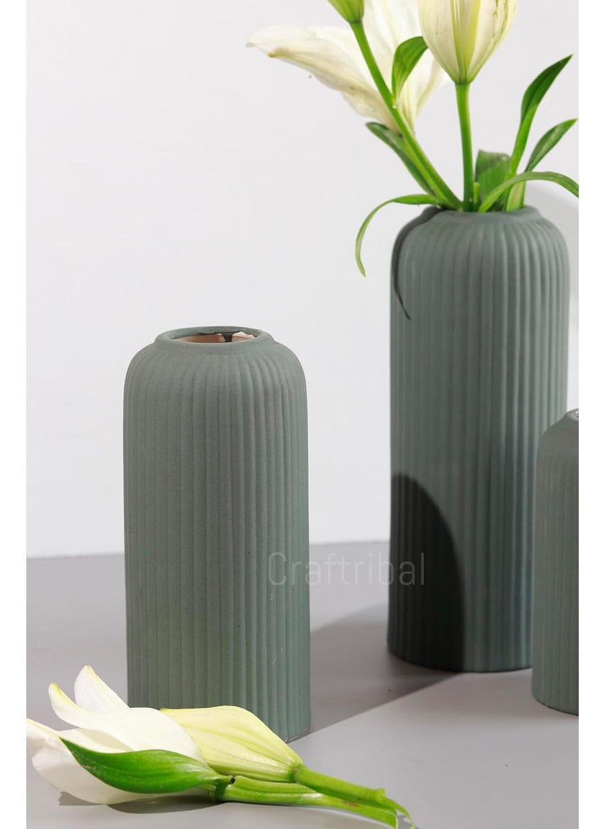 Craftribals Modern Ceramic Flower Vase for Living Room Set of 3 Flower Pots for Home Decoration Vertical Striped Line Vase Olive Green