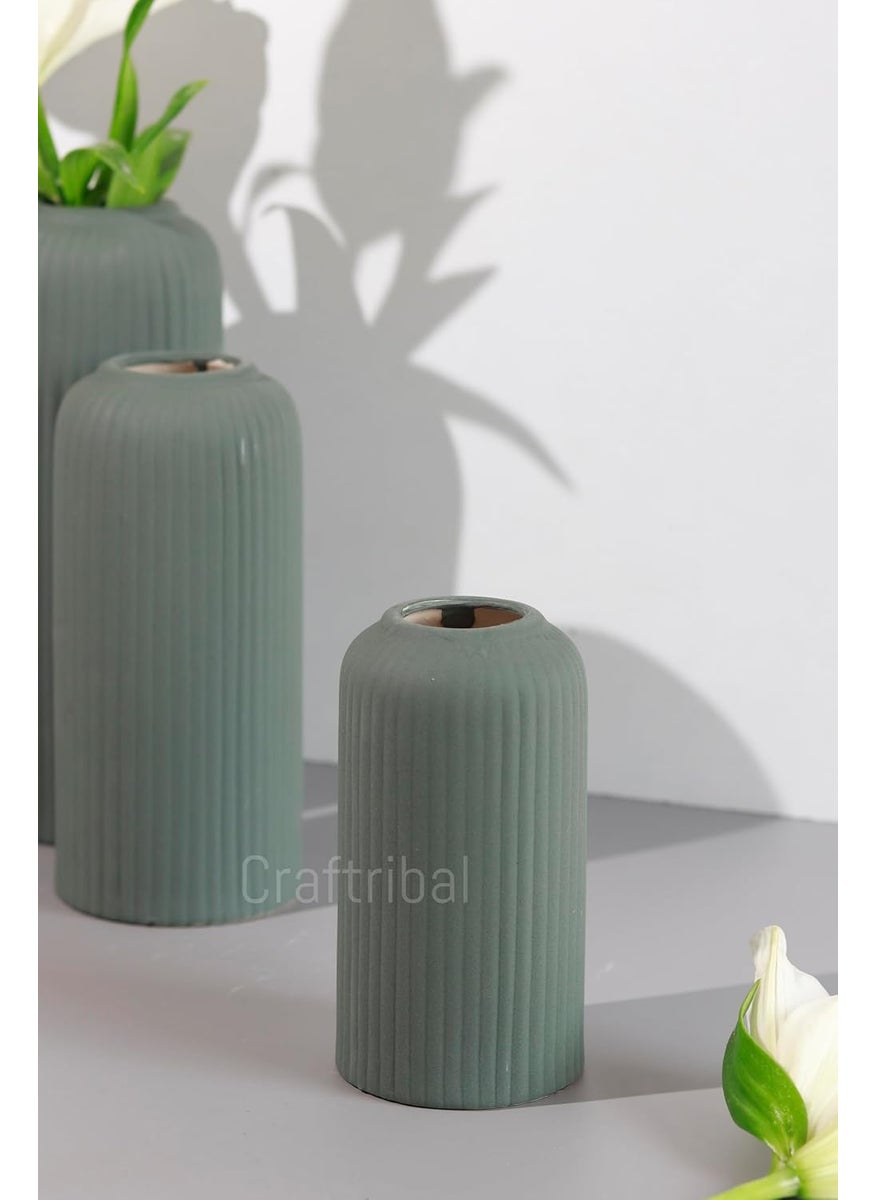 Craftribals Modern Ceramic Flower Vase for Living Room Set of 3 Flower Pots for Home Decoration Vertical Striped Line Vase Olive Green