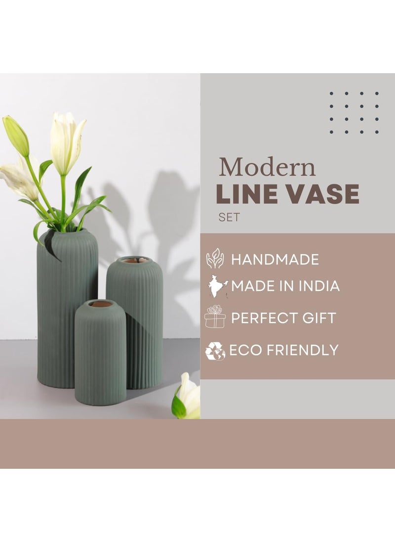 Craftribals Modern Ceramic Flower Vase for Living Room Set of 3 Flower Pots for Home Decoration Vertical Striped Line Vase Olive Green