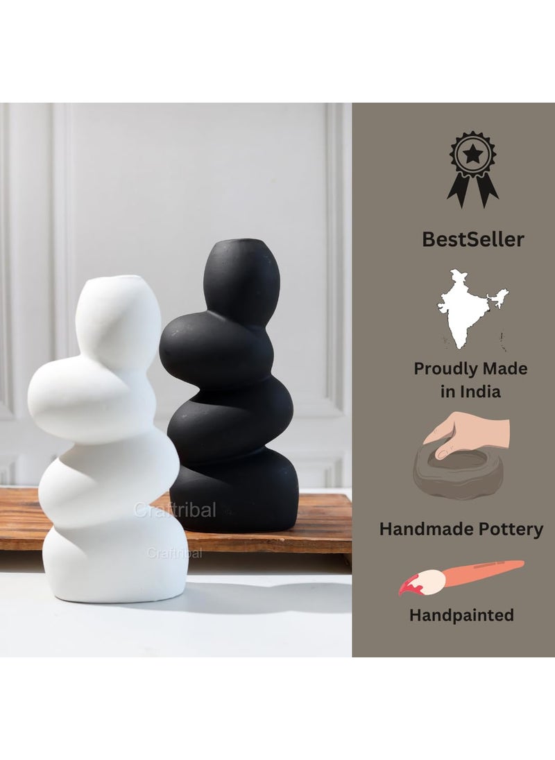 Craftribals Pebble Vase Set of 2Ceramic Flower Vase10 InchesStone VaseColor White Black Pebble vase for Flowers Pampass Grass Home Decor Living Room Bedroom Office Center Table