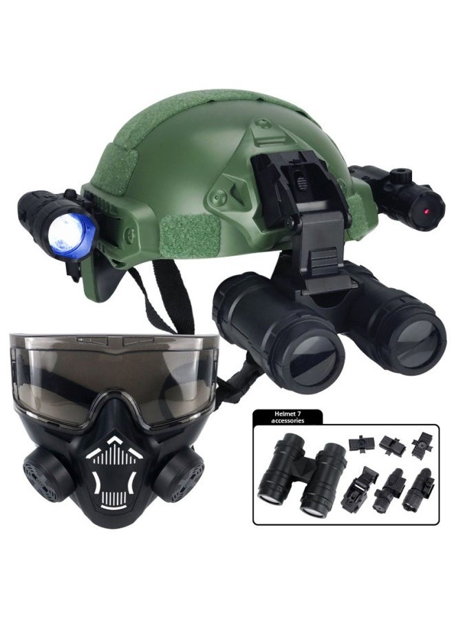 FAST Tactical Helmet With Hanging Walkie-talkie Summer Camp Outdoor Training Equipment Full Set Of Small Special Police Intercom Helmet-Color:Green Half Helmet (no Hole Model) + 7-piece Set Of Double-barreled Gas Masks