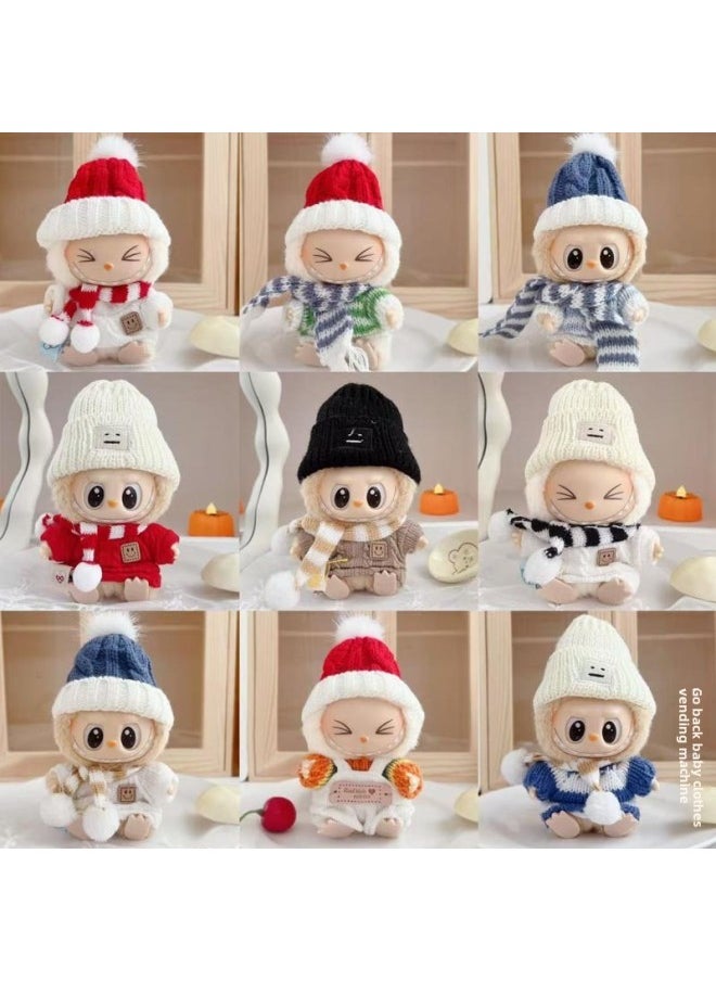 Labubu Clothes Accessories 17CM One Or Two Generation Labubu Pendant Baby Clothes Autumn And Winter Sweater Hat Scarf-Specifications:Suitable For 17cm Labu Cloth-Color:Red Smile Sweater + Red Striped Scarf + White Square Face Hat