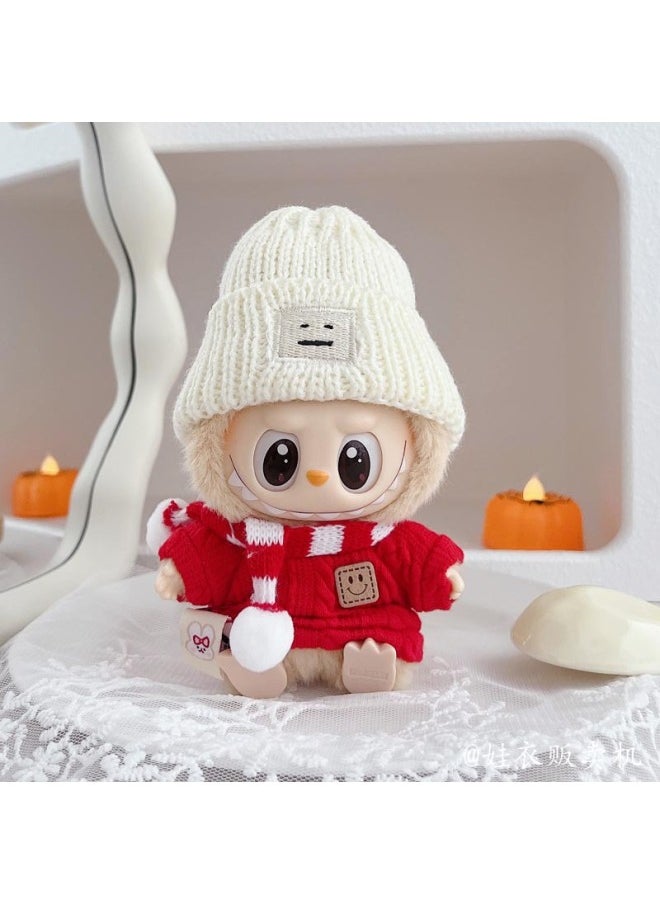 Labubu Clothes Accessories 17CM One Or Two Generation Labubu Pendant Baby Clothes Autumn And Winter Sweater Hat Scarf-Specifications:Suitable For 17cm Labu Cloth-Color:Red Smile Sweater + Red Striped Scarf + White Square Face Hat