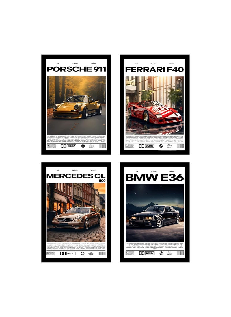 MyTees Modern Supercars Frame Set of 4 Ferrari Mclaren Lamborghini Mercedes Minimalist wall art Aesthetic Sparkle framed poster set of 4 for room A4 size 8 X 12 Inches