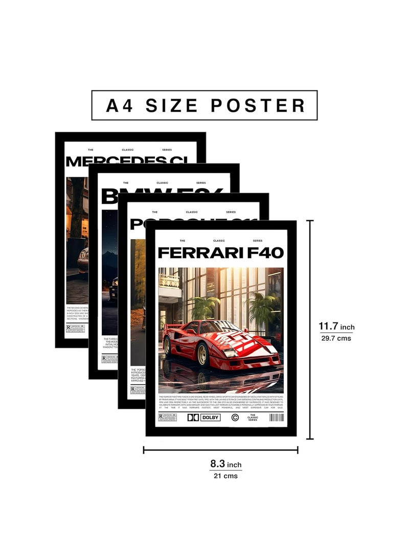 MyTees Modern Supercars Frame Set of 4 Ferrari Mclaren Lamborghini Mercedes Minimalist wall art Aesthetic Sparkle framed poster set of 4 for room A4 size 8 X 12 Inches