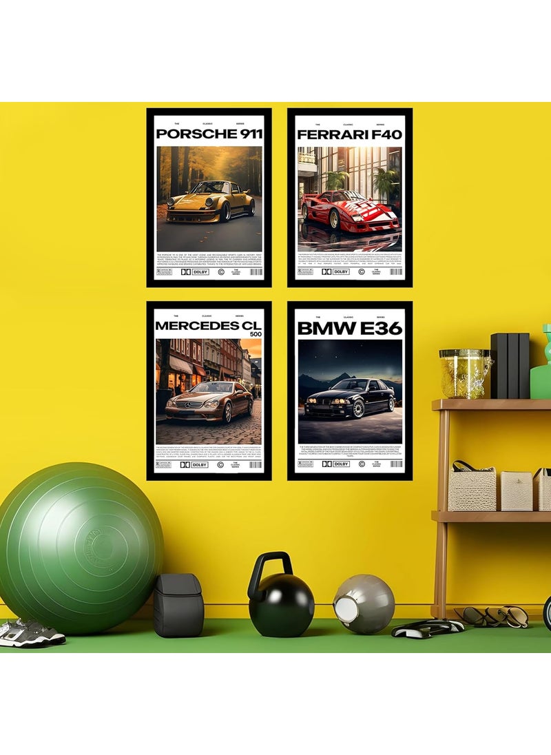MyTees Modern Supercars Frame Set of 4 Ferrari Mclaren Lamborghini Mercedes Minimalist wall art Aesthetic Sparkle framed poster set of 4 for room A4 size 8 X 12 Inches